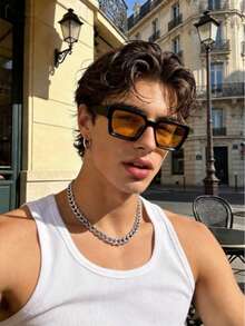 1 Pair Men's Plastic Geometric Frame Classic Fashion Glasses, Suitable For Outdoor Street Photography, Music Festivals And Other Occasions - Orange - View 2