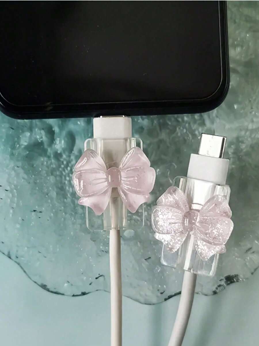 2 Pink Bow Universal Lightning (5-14) Type-C Data Cable Protector - Shockproof, Stylish Phone Accessory Design - Plastic Material, With Cute Bow Decoration, Charging Cable Protector - Multiple Styles - View 1