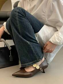 優雅基礎中性色 PU 皮革扣飾高跟鞋，適合戶外穿著 - 酒紅色 - 查看 8