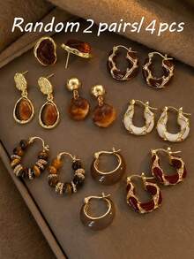 Set Anting-Anting Acak 2/8pcs dengan Batu Mata Harimau Imitasi Bergaya Vintage Elegan, Cocok untuk Pemakaian Sehari-hari Wanita, Padukan dengan Sweater di Musim Gugur/Dingin, Hadiah Sempurna untuk Ibu, Pacar, Sahabat - Coklat - View 12