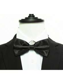1pc Men's Solid Color Double Layer Bowknot, Polyester Wedding Groom Groomsman Host Server Bowtie - Black - View 4