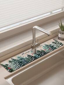 1pc Sink Faucet Absorbent Mat, Christmas Cedar Pattern, Drainage Mat, Suitable For Kitchen, Bathroom Sink, Countertop, Drainage Mat, Diatomaceous Earth Material, Trimmable, Quick-Dry Mat - Multicolor - View 4