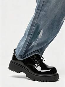 Men's Black Shiny Leather Thick Sole Round Toe Lace-Up Height-Increasing Casual Work Shoes, Plus Size 37-46 - Black - View 8