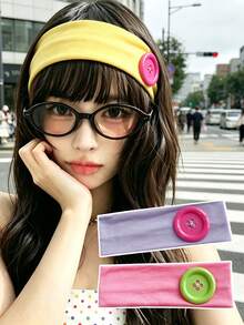 1pc Y2K Sweet Cool Style Colorful Large Button Wide Elastic Headband, Multi-Color Solid Fabric Hair Band, Sweet Cool Girl Street Style Personalized Fashion Versatile Hair Tie - Multicolor - View 2