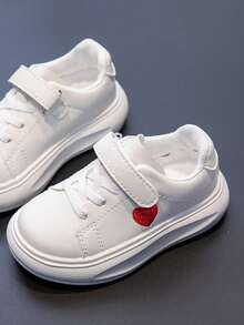 Children's Heart Design White Sneakers, Hook And Loop Soft Sole Casual Board Shoes, Versatile And Comfortable, Suitable For School And Daily Wear - Red - View 3