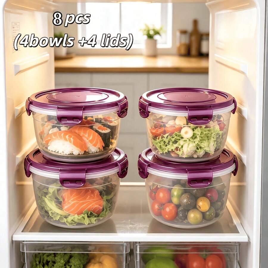 8pcs(4 Box+4 Lids) Multi-Size Combination Transparent Purple-Green Food Storage Containers - Kitchen Storage Boxes For Vegetables And Fruits, Microwave Round Lunch Boxes, Suitable For Cafeteria, Camping, Picnics - Multicolor - View 1