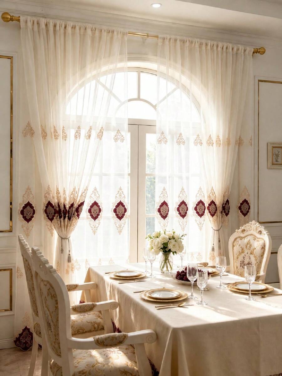 1pc European Style Luxury Embroidered Sheer Curtain, Suitable For Living Room, Bedroom, Bay Window, Balcony, Study Room - Purple - View 1