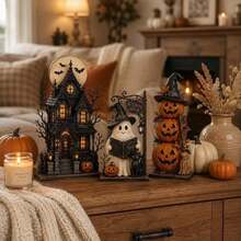 3pcs Haunted House Ghost Pumpkin Decor, Vintage Wooden Halloween Decoration, Quirky Multi-Layer Tray Tabletop Display, Autumn Home Gift - A - View 4