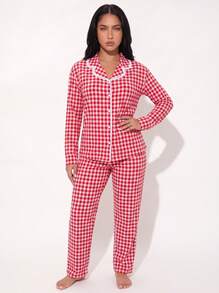 2pcs Women's Plaid Print Lace Patchwork Long Sleeve Pajama Top + Elastic Waist Long Pants Loungewear Set - Red - View 4