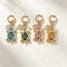 Full Rhinestone Cute Artificial Crystal Turtle Car Key Chain Creative Heart-Shaped Faux Pearl Car Key Ring Pendant Key Accessory Car Key Home Key Ring Decorative Pendant - A - View 3