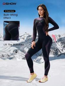 Women's Autumn/Winter Colorblock Elastic Warm Long Sleeve Top & Pants Ski Suit - Black - View 6