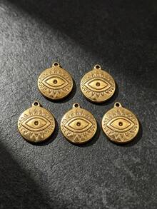 3/5pcs Vintage Sun Pattern Evil Eye Round Pendant, 18K Gold Stainless Steel Material, DIY Handmade Bracelet Necklace Earring Jewelry Accessories - Yellow Gold - View 6