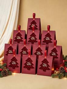 1/10pcs Burgundy Christmas Tree Shaped Gift Box, 'Merry Christmas' Decorative Tag, Leather Handle Holiday Gift Packaging Box - A - View 4