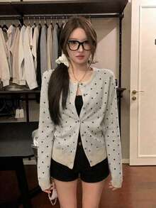 女款圓領針織開襟衫，寬鬆慵懶顯瘦短版夾克上衣 - 杏色 - 查看 5