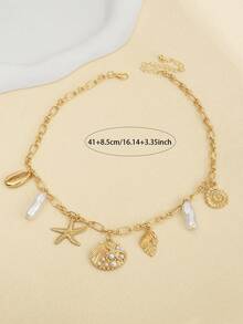 1pc Summer Beach Vacation Style Shell Starfish Faux Pearl Necklace, Niche High-End Multi-Layer Stacked Collarbone Chain Jewelry - Gold 3 - View 5