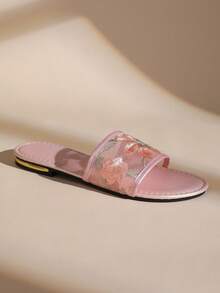 Women's Shiny Floral Lace Embroidered Flat Slide Sandals, Summer Open Toe Casual Slippers - Watermelon Pink - View 5
