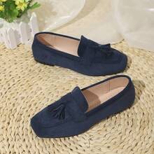 Women's Tassel Decor Solid Color Square Toe Low-Top Chunky Heel Loafers Bohemian Style Daily Outing Spring Royal Blue Suede Shoes - Blue - View 7