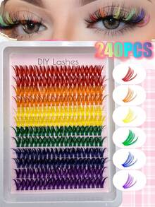 240 Peças Cílios Individuais em Aglomerados Coloridos Arco-Íris - Kit de Extensão de Cílios DIY, com 6 Tons Vibrantes. Projetado com Curva C, permite que você crie looks ousados e divertidos para os olhos diretamente em casa. Perfeito para maquiagem de palco, festas e Halloween. - D - Visão 4