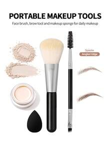 3pcs Makeup Brush Set Powder Brush Dual-Head Eyebrow Brush Eyeliner Brush With Black Sponge Puff Beginner Makeup Tool Kit Face Eye Makeup Combination - Black - View 7