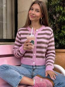 Women's Pink Striped Button-Front Long Sleeve Cardigan - Pink - View 1