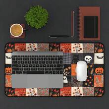1pc Large Halloween Patchwork Pumpkin Mouse Pad, Vintage Black Cat Skull Ghost Bat Retro Desk Mat, Non-Slip Gaming Keyboard Pad - View 5