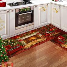 1pc Christmas Series Fireplace Cat & Dog Warm Pattern Printed Faux Wool TPR Bottom Door Mat, Bathroom Mat, Kitchen Mat, Laundry Room Mat, Holiday Atmosphere Decor, Home Decor, Party Decor, Wedding Decor, Dining & Kitchen Decor - Multicolor - View 4