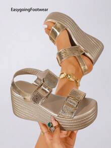 女款夏季時尚露趾極簡優雅日常穿著增高厚底百搭輕量舒適不累腳坡跟涼鞋 - 金色 - 查看 2