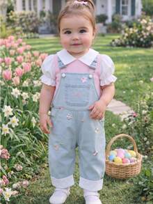Baby Girls Infant Turn-Down Collar Petal Sleeve Top With Floral Embroidery Denim Overalls Lace Trim Spring Autumn Set - Baby Blue - View 4