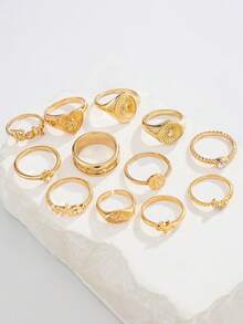12 Pcs Vintage Ins Rhinestone Star Moon Stackable Rings Fashion Geometric Metal Heart Letter Rings, Suitable For Daily Wear - Gold - View 5