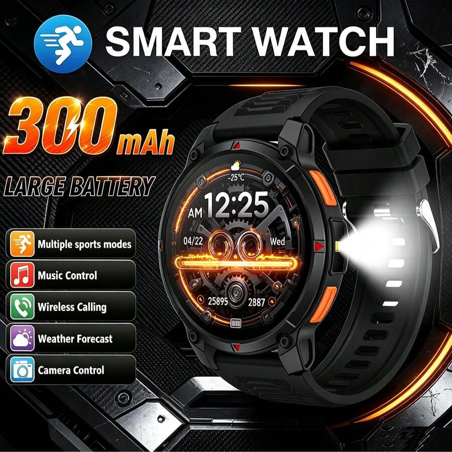 ZhiKexing 1.5 Inch HD Display Smart Sports Watch, Outdoor Sports Flashlight, 300mAh Large Capacity Battery, Ultra Long Battery Life, Wireless Calling, Multiple Sports Modes, Sedentary Reminder And Other Functions, Suitable As Gift For Friends And Couples, Compatible With Android And IOS - View 1