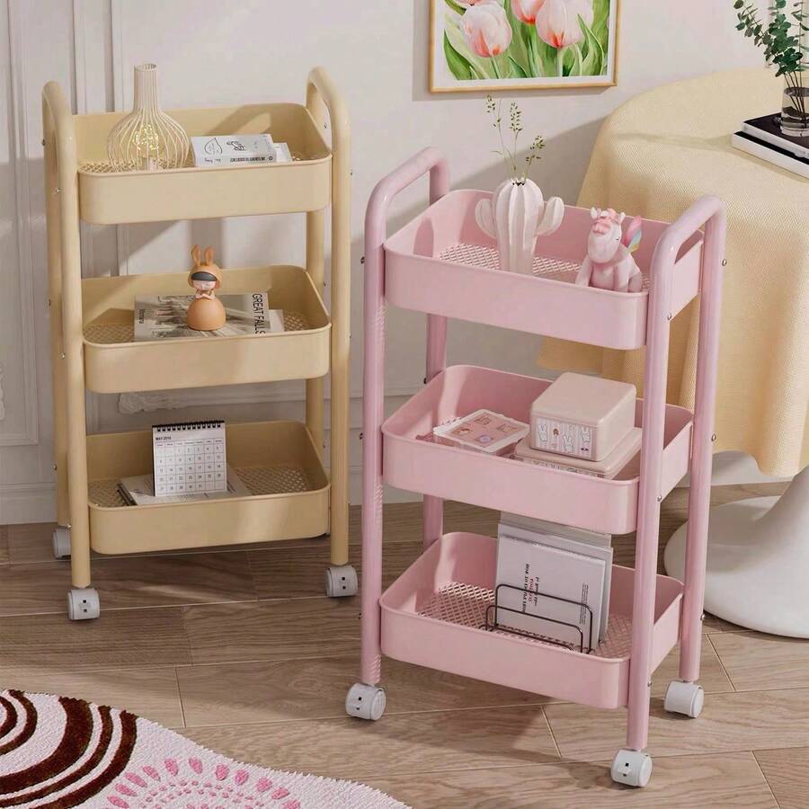1-Pack Carbon Steel Metal Multi-Functional Utility Cart, Movable, Strong Load-Bearing, Rust-Proof, Multi-Functional Display Shelf (Suitable For Snacks, Vegetables, Towels, Books, Cosmetics, Etc.), With Casters, Easy To Assemble