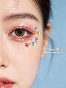 10pcs/5pcs/2pcs/1pc Holographic Laser Heart Large Face Sticker Set (Includes 1pc Tweezers), Rainbow 3D Heart Rhinestone Stickers, Music Festival Party Stage Eye Cheek Nail Self-Adhesive Decorative Stickers, Halloween Costume - Multicolor - View 7