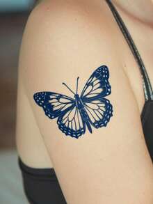 Herbal Juice Semi-Permanent Magic Tattoo Sticker, Delicate Butterfly Design, Long-Lasting 14 Days, Non-Fading, Non-Reflective, Temporary Tattoo Sticker For Arm, Shoulder, Neck, Collarbone, Back, Body, 1pc/Pack - Blue - View 4
