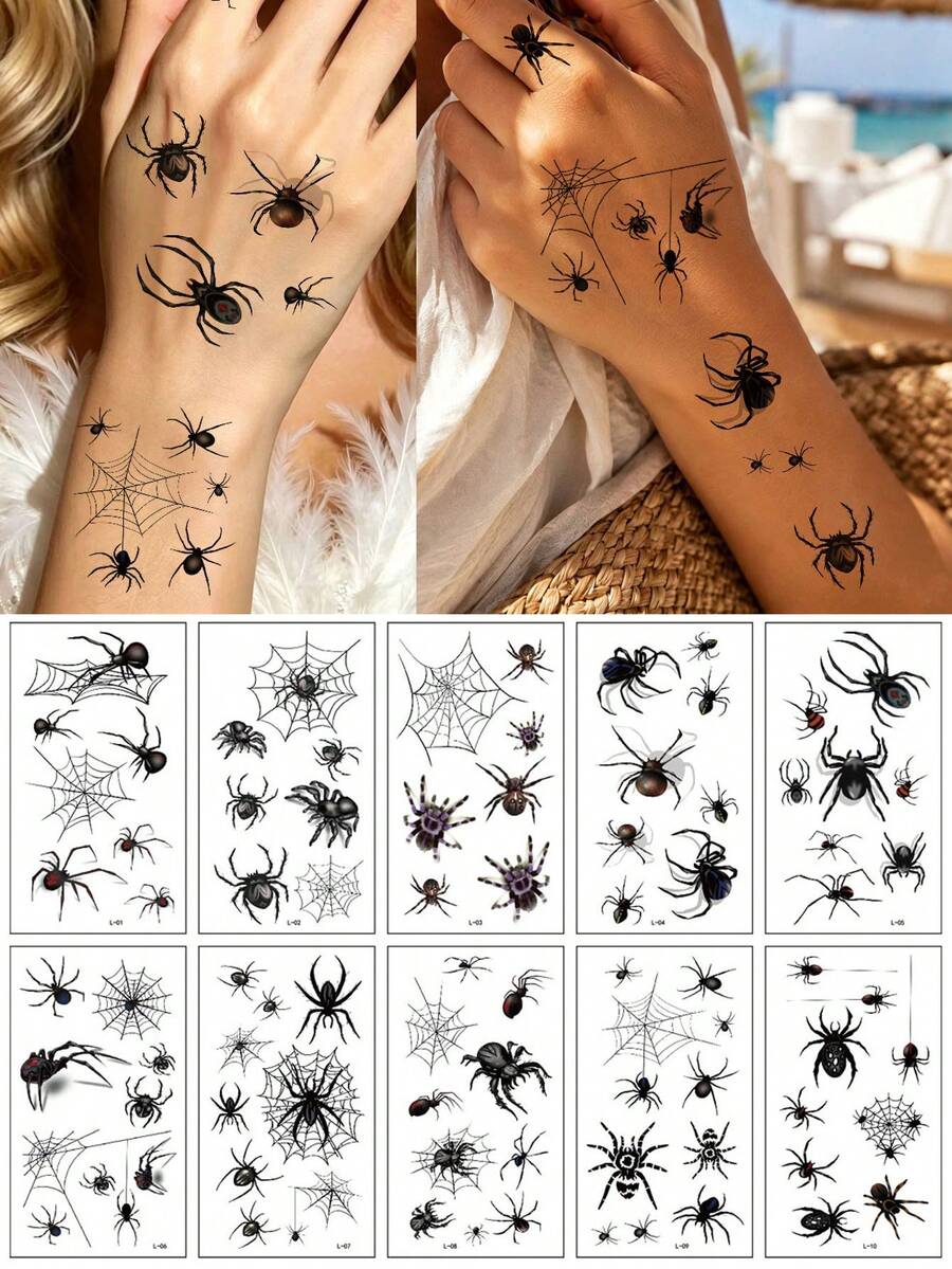 10pcs Spider Web Temporary Tattoo Stickers, Realistic Tattoo Decals For Men And Women, Halloween Party Use, Waterproof Fake Tattoos - Multicolor - View 1