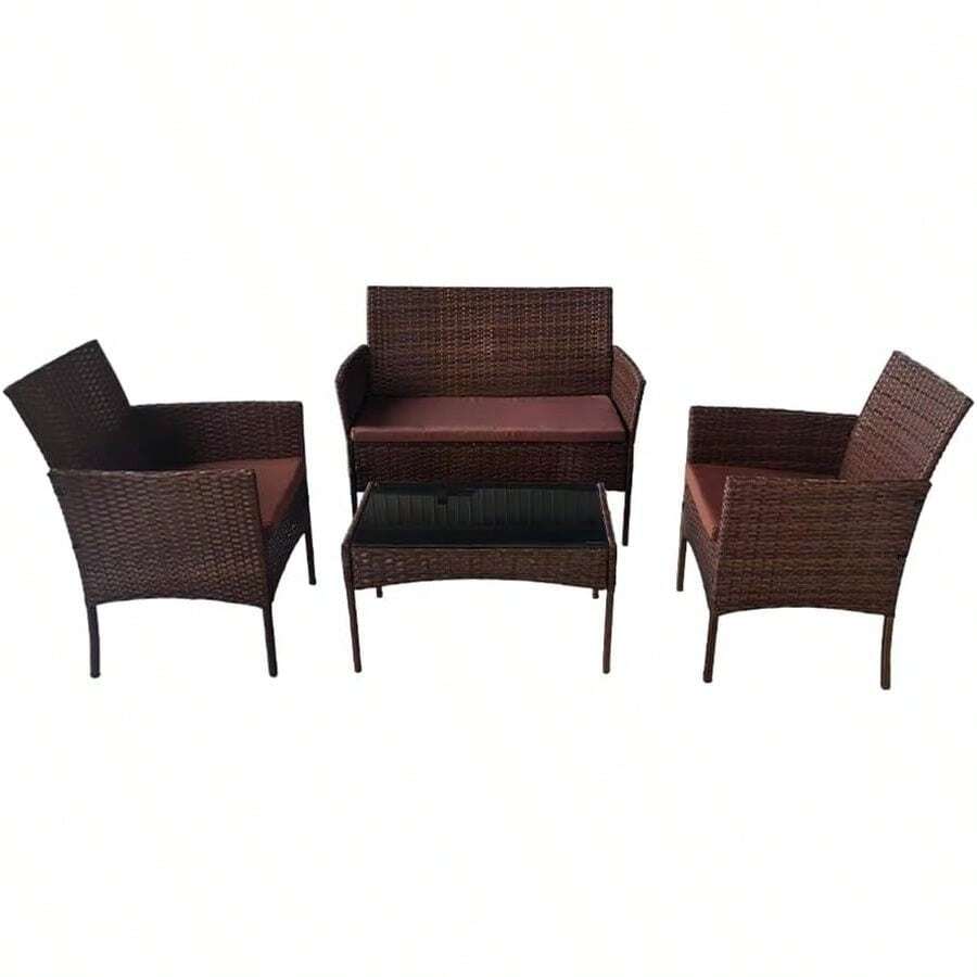 Sala de Jardín Exterior Estilo Mimbre Sintético 4 Piezas Color Marrón 56.5x102x52.5 cm| Set de Patio con 2 Sillones 1 Sofá de 2 Puestos y 1 Mesa de Centro con Tapa de Vidrio| Incluye Cojines Resistentes al Agua| para Terraza Patio y Balcón| Fácil de Armar - Negro - Ver 1