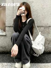 Korean Style Polka Dot Henley Collar Long Sleeve Slim Fit Flattering Casual T-Shirt - Black - View 7