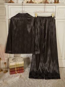 Women's Autumn/Winter Striped Bow Jacquard Satin Patch Pocket Front Button Long Sleeve Long Pants Pajama Set - Black - View 2