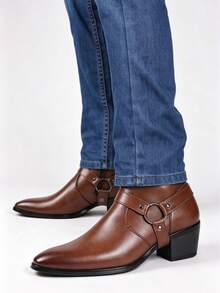 New Men's High Heel Leather Boots, Retro Western Cowboy Boots With Metal Buckle Strap And Side Zipper, Elevated Formal Boots, British Style - Brown - View 8