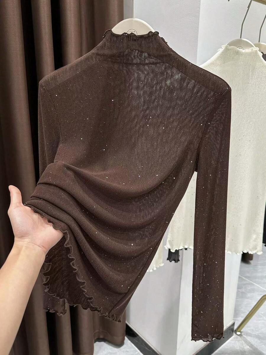 Brown Mesh Layering Top 2026 New Style Long Sleeve Ruffle Lace Trim Mock Neck Blouse For Women Autumn/Winter - Coffee Brown - View 1