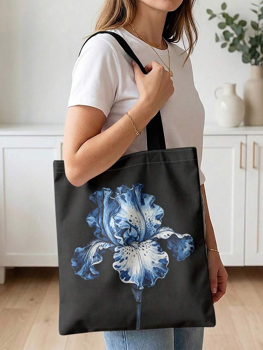 1pc Blue FloralPrint Canvas Tote Bag, Large Capacity Hand‑Held Shoulder Bag,Reusable Shopping Bag For Music Festival Party Daily Packing Books - Black - View 1