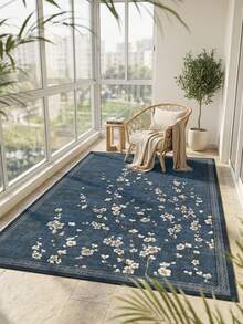 1PC Deep Blue & White Floral Vine Area Rug, New Chinese Vintage Style Faux Cashmere Rectangular Plum Blossom Pattern, Machine Washable Suitable For Living Room Bedroom Daily Home Decor, Aesthetic Home Decoration - Multicolor - View 5