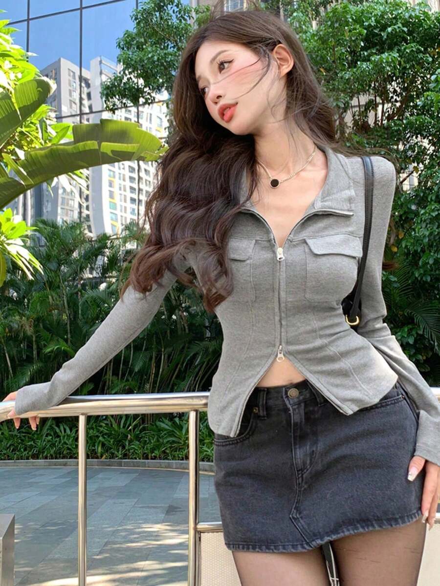 Sweet & Spicy Style Slimming Waist Stand Collar Knit Women Sexy Long Sleeve T-Shirt Top - Grey - View 1
