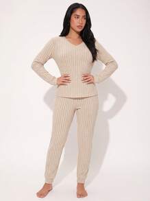2pcs/Set Set Pakaian Santai Wanita Leher V dengan Manset untuk Musim Semi, Musim Panas, dan Musim Gugur, Set Piyama Rajut Bergaris Leher Bulat Longgar yang Elegan - Aprikot - View 1