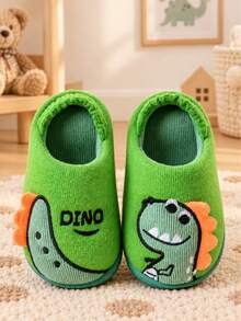1 Pasang Sandal Hangat Anti Selip Tahan Aus dengan Motif Dinosaurus Bordir yang Modis - Hijau - View 4