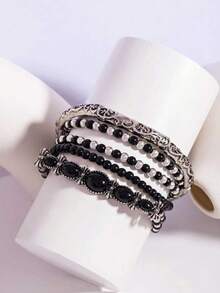 5pcs/Set New Black Beaded Bracelets, Fashion Elastic Cord Bracelet Set, Bohemian Style - Black - View 2