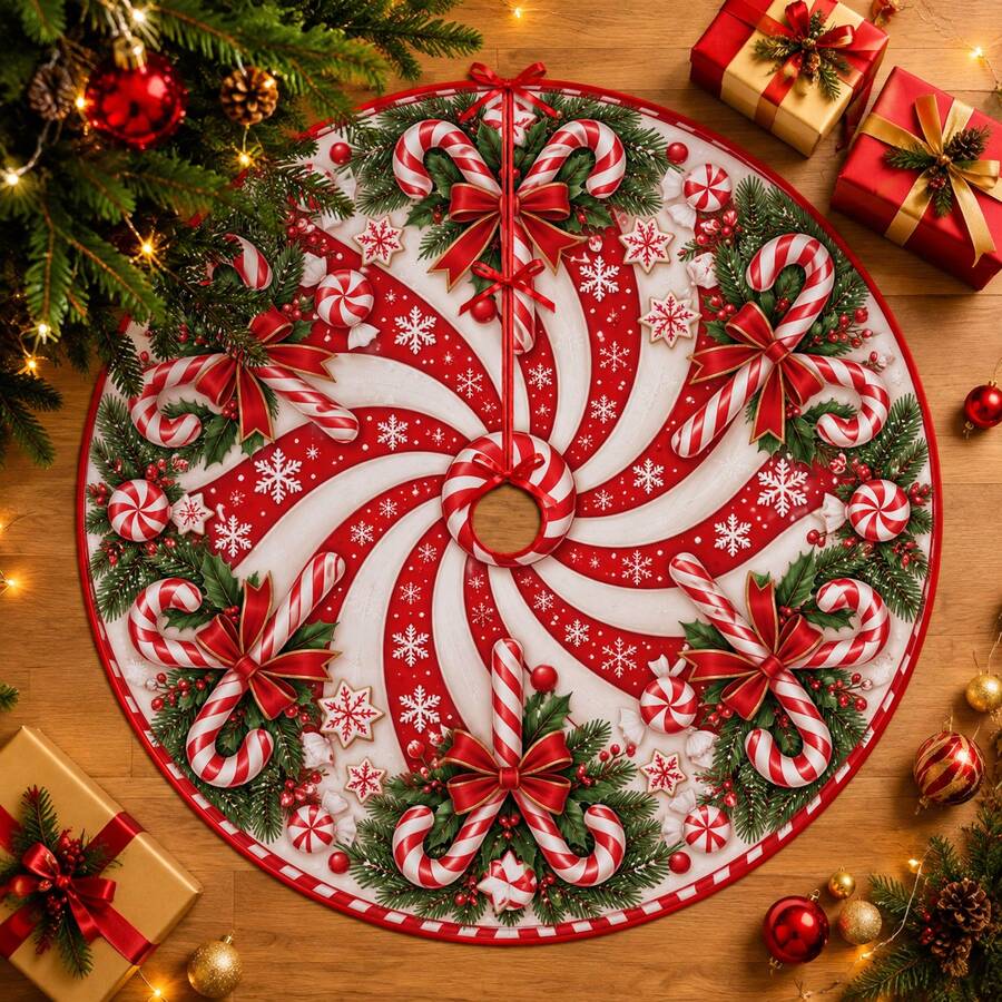 1pc Spiral Candy Cane Pattern Christmas Tree Skirt, Elegant Color Holiday Decor, 5 Sizes, Unisex Holiday Gift, Suitable For Home And Party Christmas Home Decoration - Candy Cane - View 1