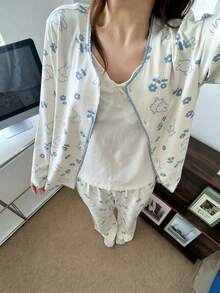 Gongdie 3 Pieces Miffy Women's Pajama Set,Fall White Soft Cotton Loungewear With Lace Trim And Pocket - White - View 1