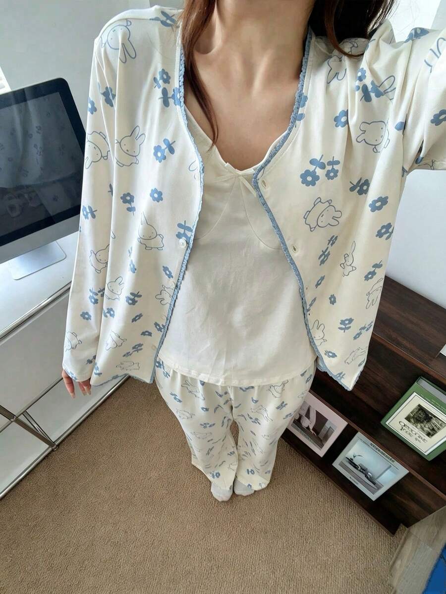 Gongdie 3 Pieces Miffy Women's Pajama Set,Fall White Soft Cotton Loungewear With Lace Trim And Pocket - White - View 1