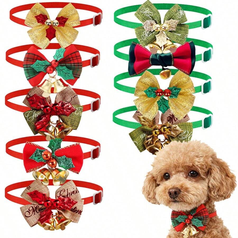 5pcs Christmas Pet Bowknot Collar, Christmas Plaid Bowknot With Gold Bell, Multi-Pattern Printed Pet Accessories, Adjustable Collar, Suitable For Small Dogs, Medium Dogs And Cats, Holiday Party Daily Wedding Costume Decoration