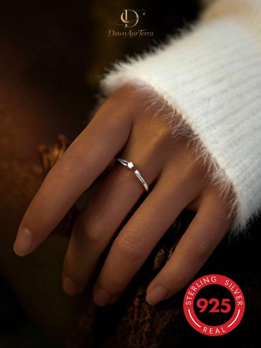 1pc Minimalist Gentle Style 925 Sterling Silver Open Ring With Single Small Round Diamond On Both Ends, Suitable For Women's Daily Commute Wear - Silver - View 1
